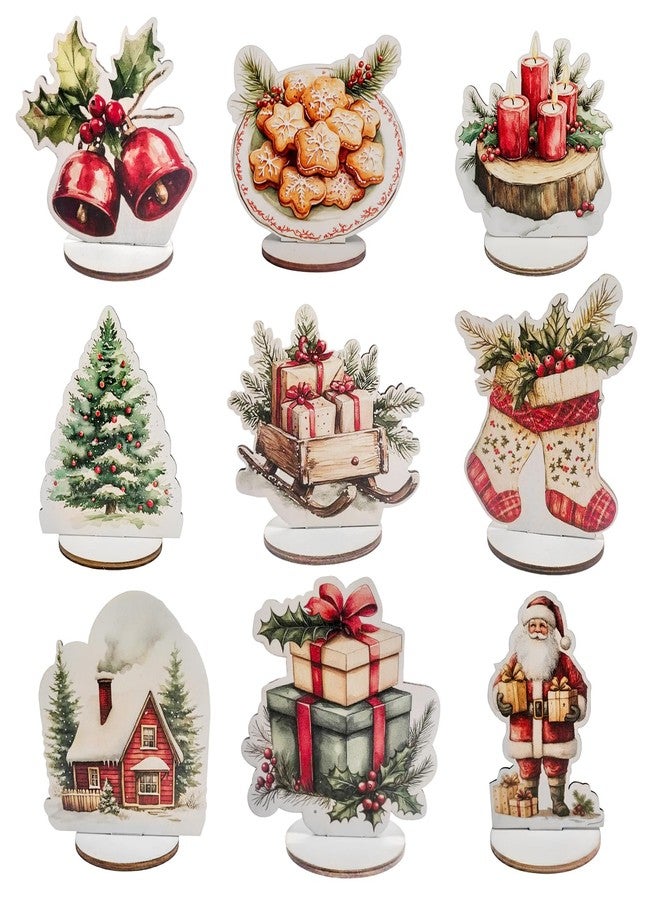 PAMBO Wooden Christmas Table Centerpiece Decorations, Holiday Ornaments with Santa, Stocking, Tree Design, 9 Piece Set with Stand - Image 1