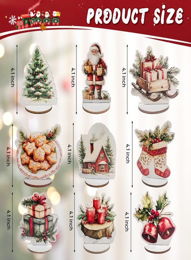 PAMBO Wooden Christmas Table Centerpiece Decorations, Holiday Ornaments with Santa, Stocking, Tree Design, 9 Piece Set with Stand - Image 2
