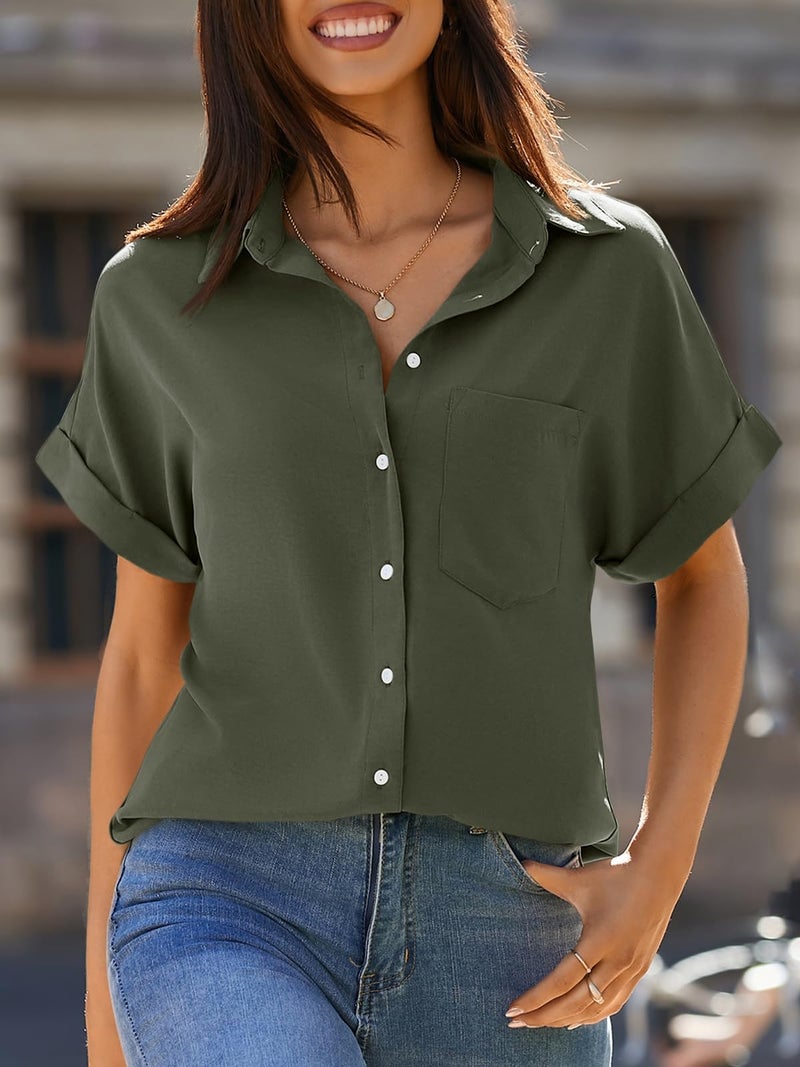 Beautife Womens Short Sleeve Shirts V Neck Collared Button Down Shirt Tops with Pockets Army Green - Image 3