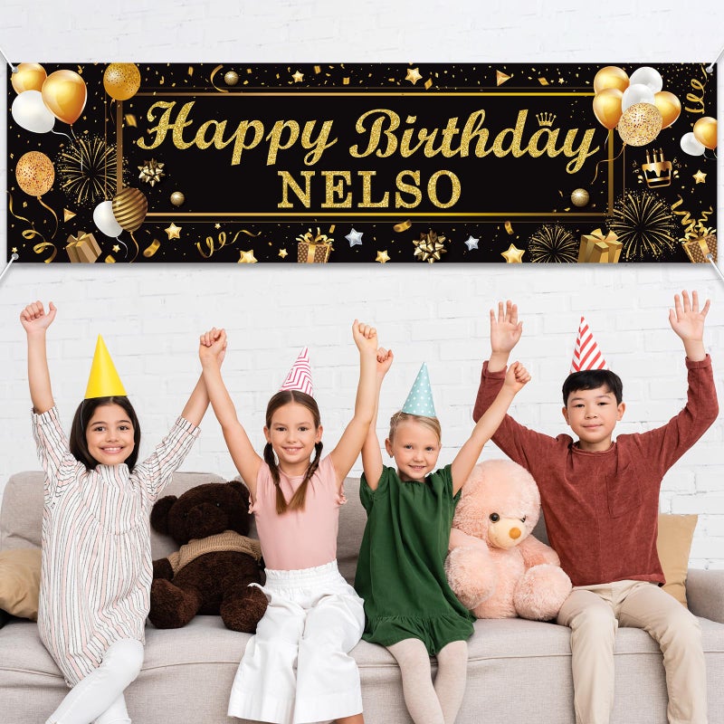 Lonfliness Personalized Birthday Banner Happy Birthday Party Decoration Custom DIY Black Gold Birthday Party Backdrop with Name Alphabet Letter Sticker Happy Birthday Sign Party Supplies for Men Women - Image 4