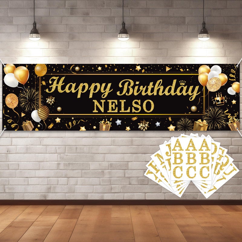 Lonfliness Personalized Birthday Banner Happy Birthday Party Decoration Custom DIY Black Gold Birthday Party Backdrop with Name Alphabet Letter Sticker Happy Birthday Sign Party Supplies for Men Women - Image 1