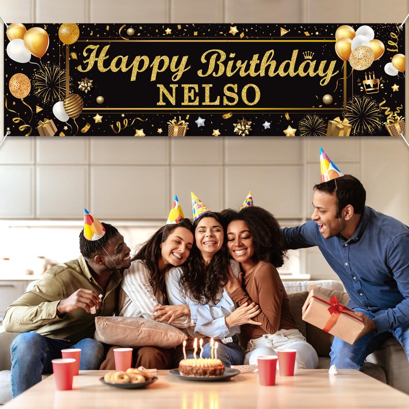 Lonfliness Personalized Birthday Banner Happy Birthday Party Decoration Custom DIY Black Gold Birthday Party Backdrop with Name Alphabet Letter Sticker Happy Birthday Sign Party Supplies for Men Women - Image 5