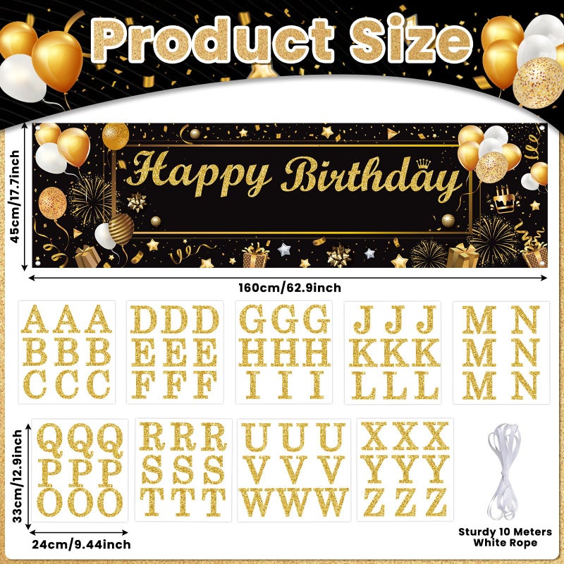 Lonfliness Personalized Birthday Banner Happy Birthday Party Decoration Custom DIY Black Gold Birthday Party Backdrop with Name Alphabet Letter Sticker Happy Birthday Sign Party Supplies for Men Women - Image 2