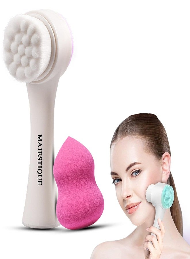 Majestique Face Exfoliator Brush With Blender Beauty Makeup Sponge, Deep Pore Cleaning Facial Wash Massage Soft Silicon Face Brush Scrubber Fiber Double Sided Face Cleanser Brush - (Pack for 2/Multicolor) - Image 1