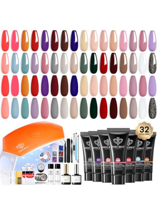 Modelones 133pcs Poly Nail Gel Kit 32 Colors Spring Pink Pastel Poly Extension Gel kit with Nail Lamp Base Top Coat Slip Solution Builder Enhancement Manicure Tools for Starter Supplies - Image 1