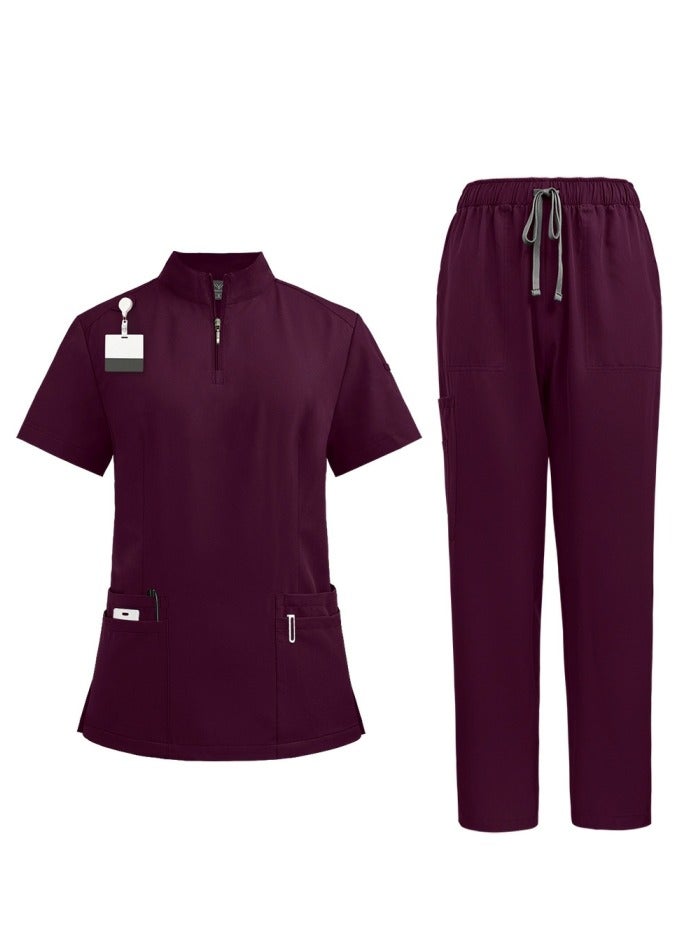 Loquat Medical Uniform Scrubs Set Medical Scrubs 2 Piece Set Top and Pants Suit With Pockets Dark Wine Red