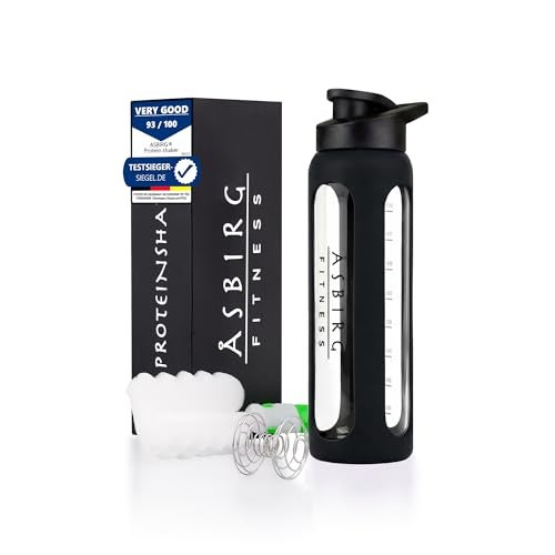 Asbirg 35 oz Glass Protein Shaker Bottle BPAFree Leakproof Lid Mixing Ball Silicone Sleeve Large Gym Shaker for Smoothies Shakes PreWorkout Black - Image 1