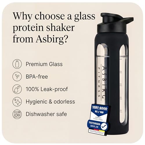 Asbirg 35 oz Glass Protein Shaker Bottle BPAFree Leakproof Lid Mixing Ball Silicone Sleeve Large Gym Shaker for Smoothies Shakes PreWorkout Black - Image 3