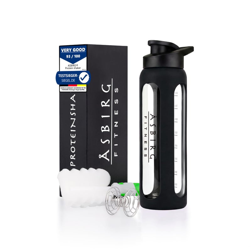 Asbirg 35 oz Glass Protein Shaker Bottle BPAFree Leakproof Lid Mixing Ball Silicone Sleeve Large Gym Shaker for Smoothies Shakes PreWorkout Black - Image 2