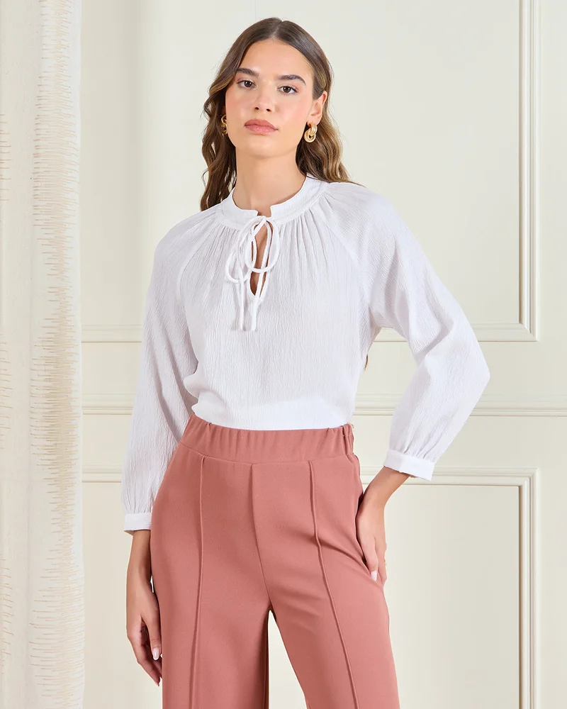 REDTAG Women White Tie-Neck Blouse