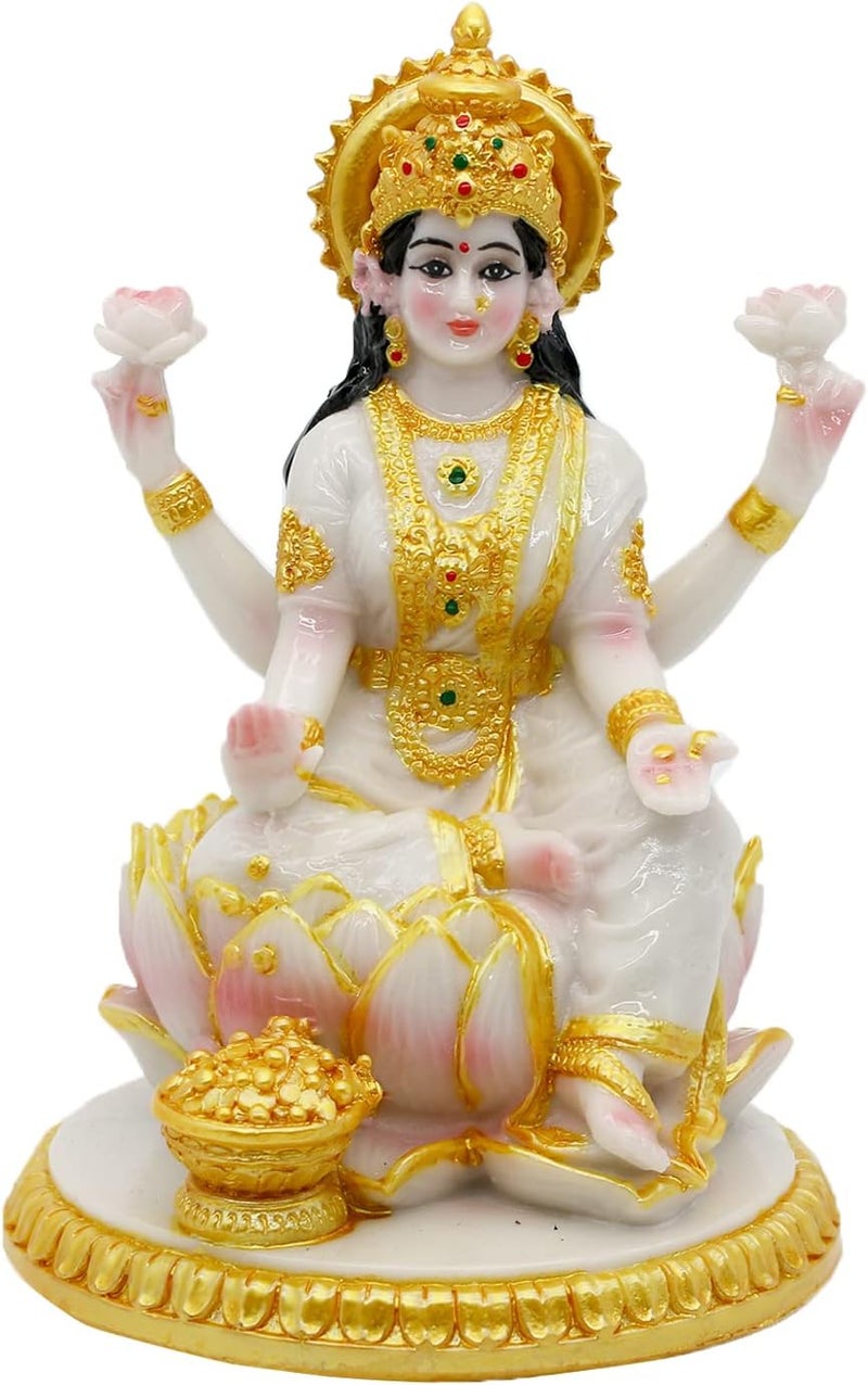alikiki Indian Goddess Meditation Lakshmi Figurine - 5.7”H Marble Look Murti Laxmi Idol Statue for Home Office Temple Mandir Pooja Item Puja Decor Diwali Gifts Indian Spiritual Decor Gift - Image 1