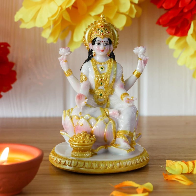 alikiki Indian Goddess Meditation Lakshmi Figurine - 5.7”H Marble Look Murti Laxmi Idol Statue for Home Office Temple Mandir Pooja Item Puja Decor Diwali Gifts Indian Spiritual Decor Gift - Image 3