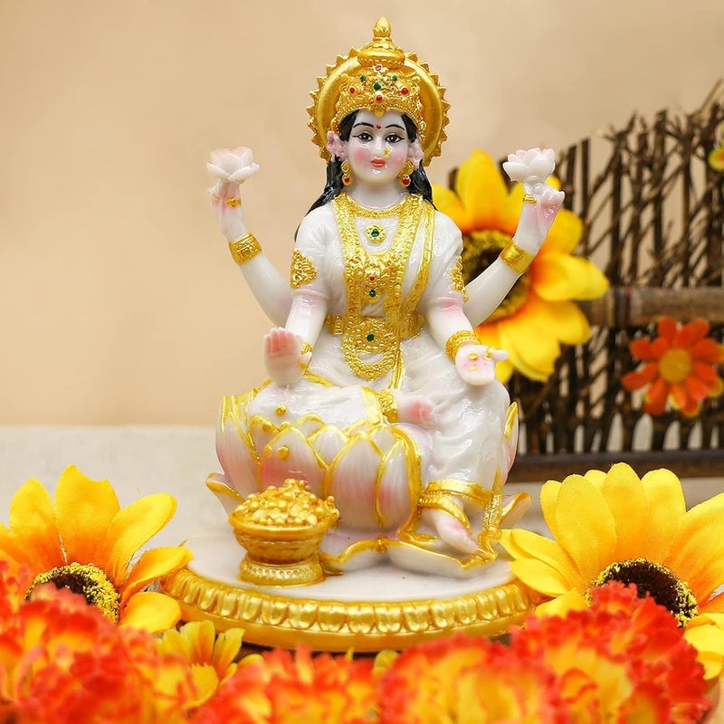 alikiki Indian Goddess Meditation Lakshmi Figurine - 5.7”H Marble Look Murti Laxmi Idol Statue for Home Office Temple Mandir Pooja Item Puja Decor Diwali Gifts Indian Spiritual Decor Gift - Image 2