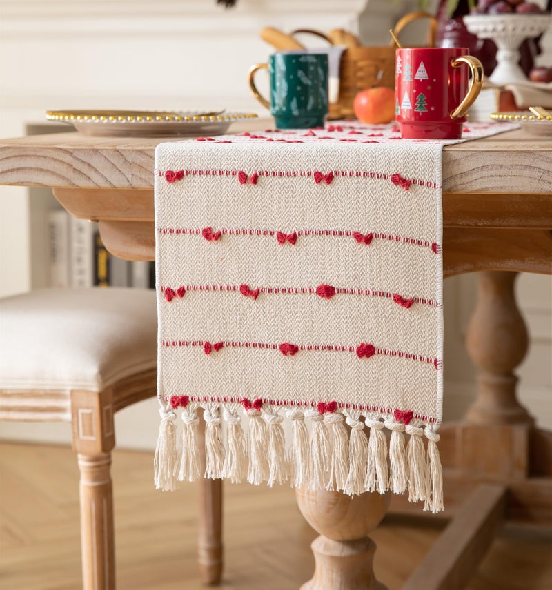 Caflife Christmas Table Runner 90 Inchs Long For Modern Farmhouse Room Home Christmas Decorations  Boho Red Table Runner  Natural Cotton Woven With Tassels For Holiday Kitchen And Dining Table Decor - Image 2