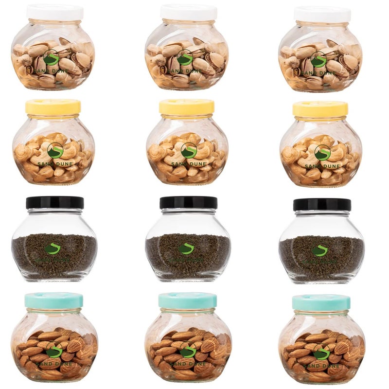 SAND DUNE Set of 12 200 ml Each Storage Glass Jar Assorted Plastic Cap Transparent BPA Free Aachar Pickle Dry Fruits Masala Spices and dals - Image 1