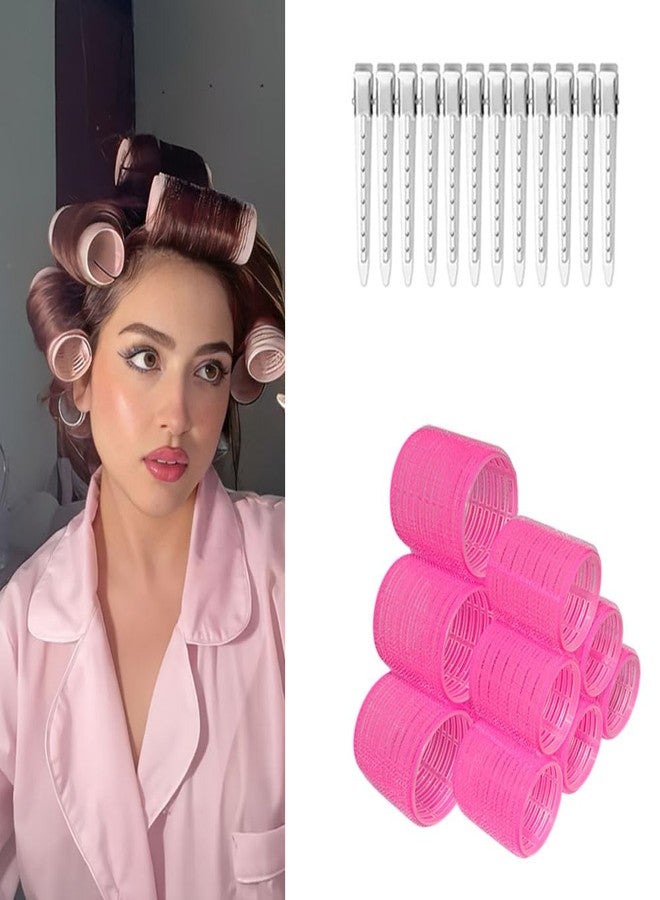 VIVIAN Jumbo Rollers Hair Curlers 12 Pcs Set with 6Pcs Large & 6Pcs Medium Hair Rollers and 12 Pcs Hair Clips for Long Medium Hair Volume (Pink) - Image 1