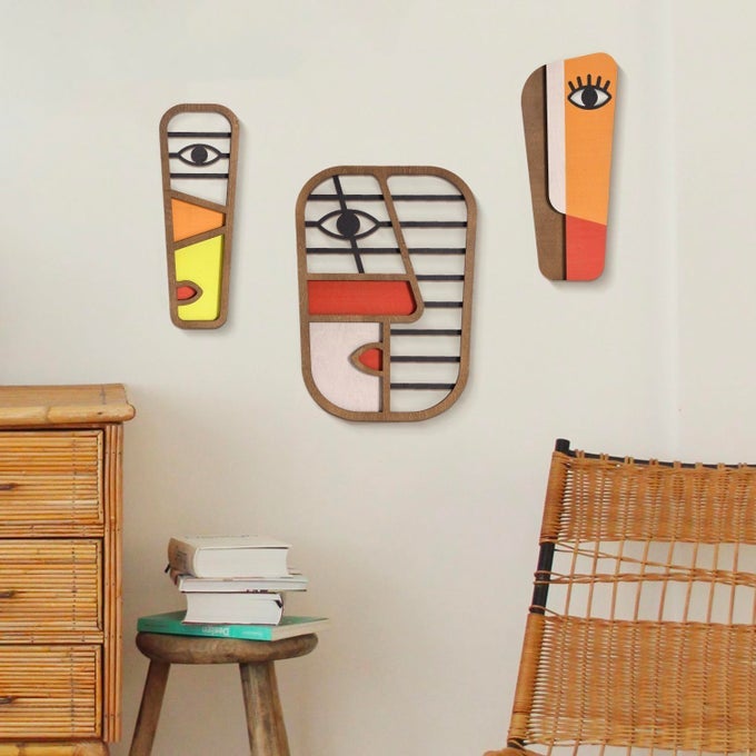 ABSTRACT WOOD PICASSO WALL ART DECOR MODERN MINIMALISM MASK HOME WALL DECOR VINTAGE POP WALL ART FOR BEDROOM BATHROOM LIVING ROOM 3 PIECE