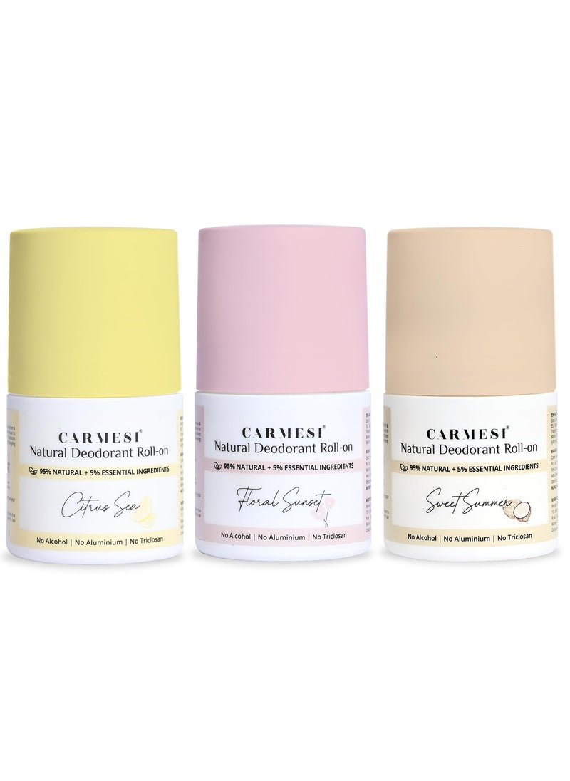CARMESI Natural Underarms Roll On Deodorant Combo (3 Piece Set) - Citrus Sea, Floral Sunset & Sweet Summer | Non-Sticky Deo | No Aluminium & Alcohol-Free for Women | (3 x 1.69 Fl Oz) 