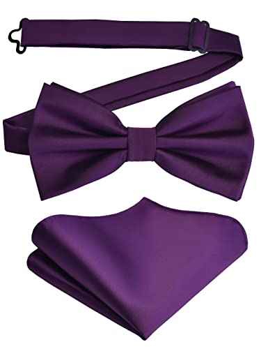 Branduce Mens Purple Bow Tie and Pocket Square Set for Wedding Silk Pre-tied Adjustable Bow tie Handkerchief (BB01-02) - Image 1