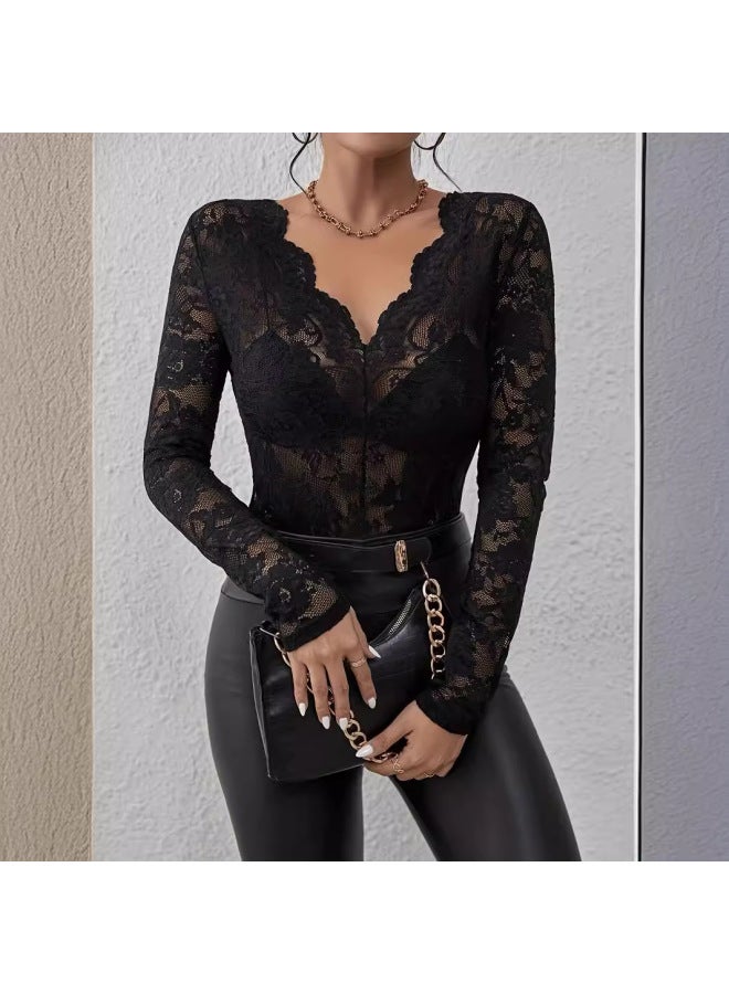 New Single-layer Floral Lace Fan-shaped Decorative Base Shirt Top For Women - Image 2