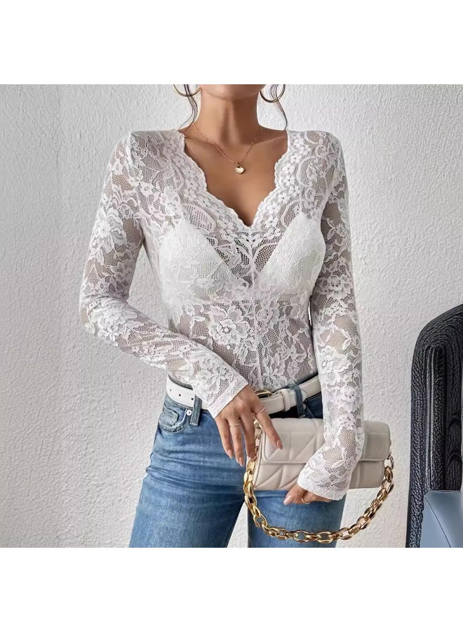 New Single-layer Floral Lace Fan-shaped Decorative Base Shirt Top For Women - Image 3