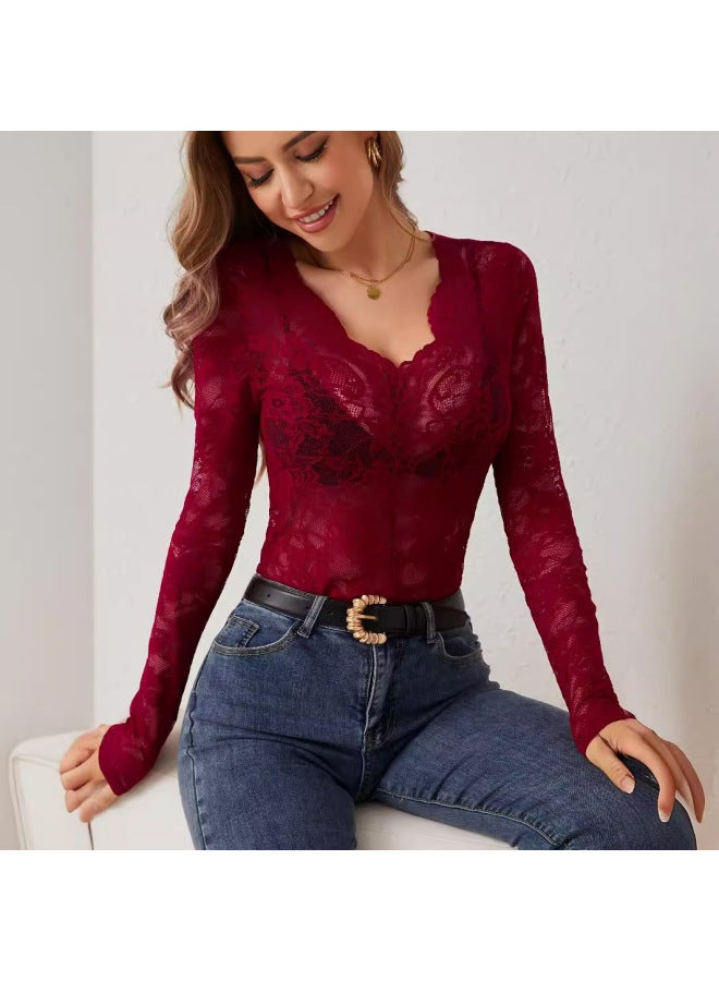 New Single-layer Floral Lace Fan-shaped Decorative Base Shirt Top For Women - Image 4
