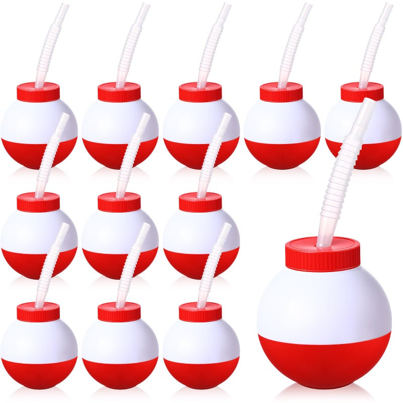 FillTouch 12 Set Fishing Bobbers Cups with Straws and Lids 10 oz Fun Fishing Birthday Party Decorations Red and White Plastic Cups for Kids Fishermen Pool Party Decorations - Image 3