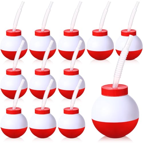 FillTouch 12 Set Fishing Bobbers Cups with Straws and Lids 10 oz Fun Fishing Birthday Party Decorations Red and White Plastic Cups for Kids Fishermen Pool Party Decorations - Image 1