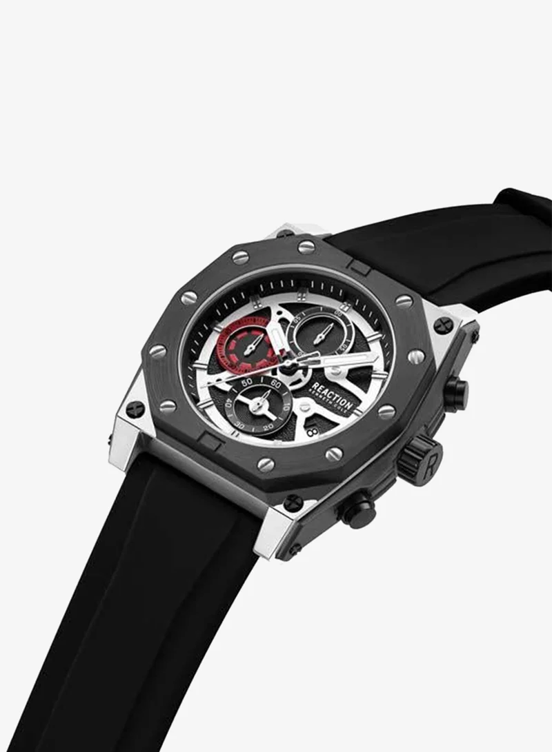 كينيث كول ريأكشن Black Dial Black Silicone Strap Chronograph Watch for Men, 52.4mm