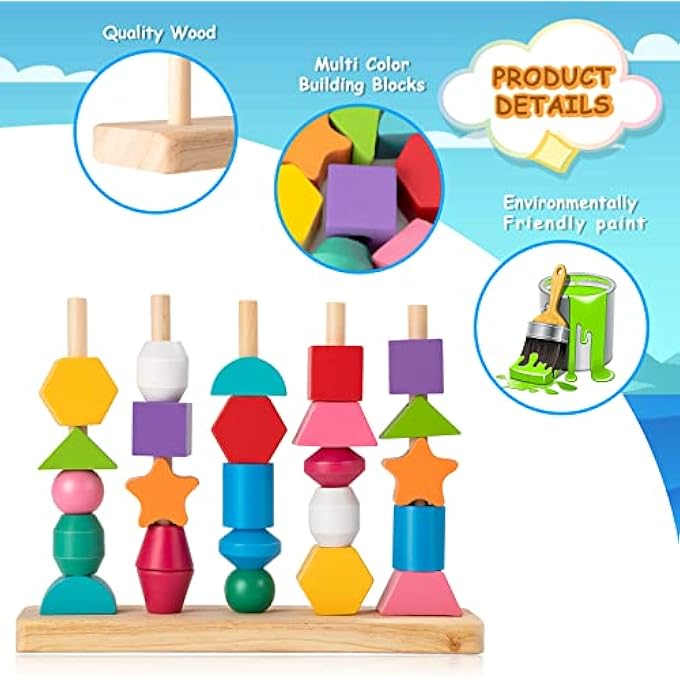 2-IN-1 MONTESSORI WOODEN TOYS 3 4 5 YEARS OLD, COLORFUL GEOMETRIC BLOCKS STACKABLE AND MATCHABLE, PUZZLE BEADS STRINGING TOYS EDUCATIONAL TOY GIFT FOR BABY CHILDREN - Image 4