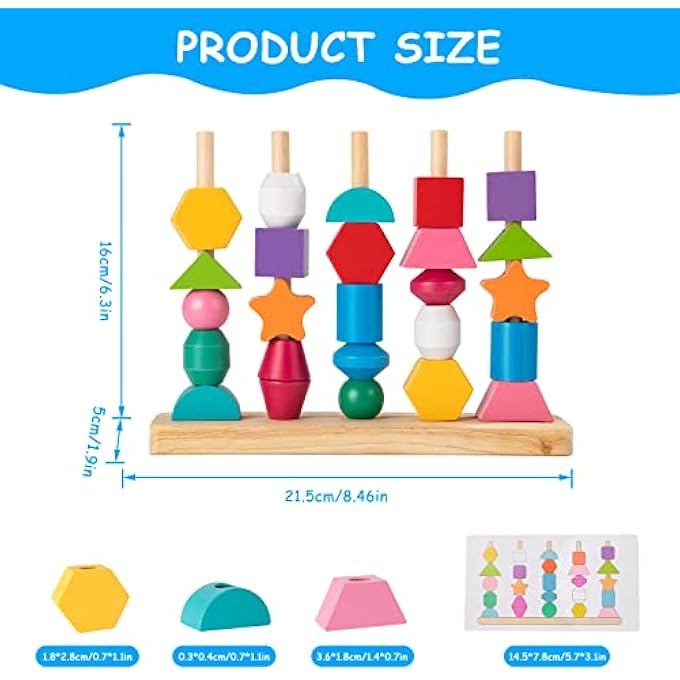 2-IN-1 MONTESSORI WOODEN TOYS 3 4 5 YEARS OLD, COLORFUL GEOMETRIC BLOCKS STACKABLE AND MATCHABLE, PUZZLE BEADS STRINGING TOYS EDUCATIONAL TOY GIFT FOR BABY CHILDREN - Image 5