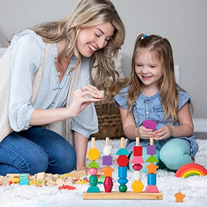 2-IN-1 MONTESSORI WOODEN TOYS 3 4 5 YEARS OLD, COLORFUL GEOMETRIC BLOCKS STACKABLE AND MATCHABLE, PUZZLE BEADS STRINGING TOYS EDUCATIONAL TOY GIFT FOR BABY CHILDREN - Image 3
