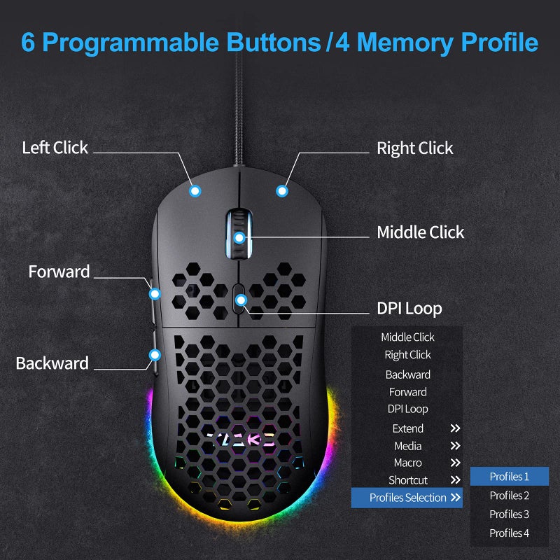 TMKB Technology Mechanical KeyBoard فأرة الألعاب TMKB فالكون M1SE خفيفة الوزن بتصميم خلية النحل، مستشعر بصري عالي الدقة 12800DPI، 6 أزرار قابلة للبرمجة، إضاءة RGB قابلة للتخصيص، كابل بارا كورد خالي من السحب، فأرة ألعاب سلكية مريحة - أسود غير لامع - Image 3