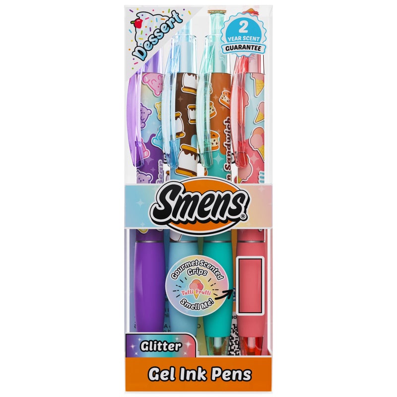 Scentco Dessert Smens â€“ 4 Pack Colored Glitter Gel Ink Pens with Gourmet Scented Grips (Tutti Frutti, Ice Cream Sandwich, Sâ€™mores, Gummy Bear) â€“ Fun Smelly Pens for Kids, Students & Adults - Image 1