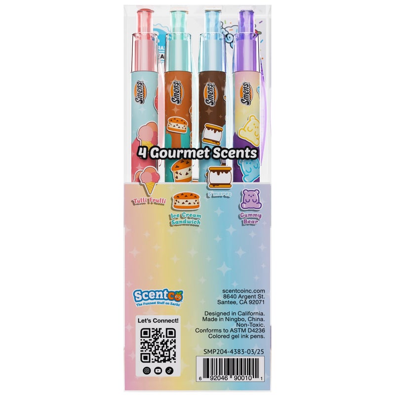Scentco Dessert Smens â€“ 4 Pack Colored Glitter Gel Ink Pens with Gourmet Scented Grips (Tutti Frutti, Ice Cream Sandwich, Sâ€™mores, Gummy Bear) â€“ Fun Smelly Pens for Kids, Students & Adults - Image 5