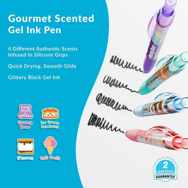 Scentco Dessert Smens â€“ 4 Pack Colored Glitter Gel Ink Pens with Gourmet Scented Grips (Tutti Frutti, Ice Cream Sandwich, Sâ€™mores, Gummy Bear) â€“ Fun Smelly Pens for Kids, Students & Adults - Image 2