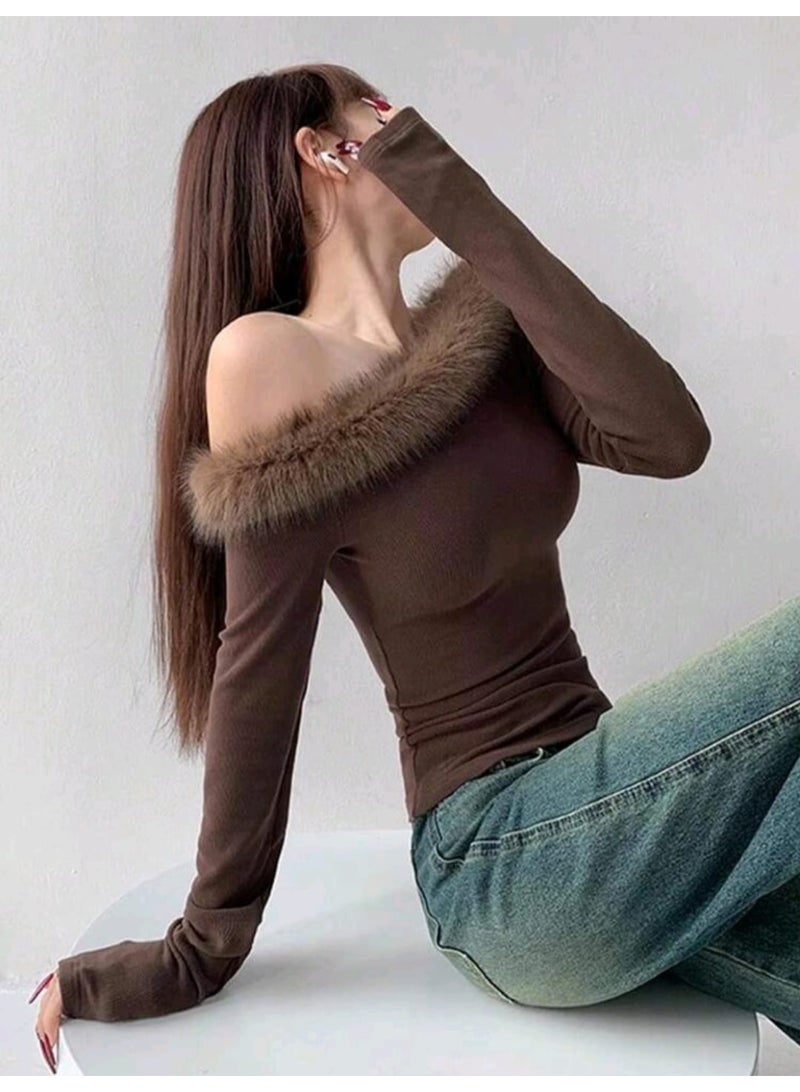 DAZY Women's Fleece Patchwork Oblique Shoulder Basic Long Sleeve BLOUSE - Image 3