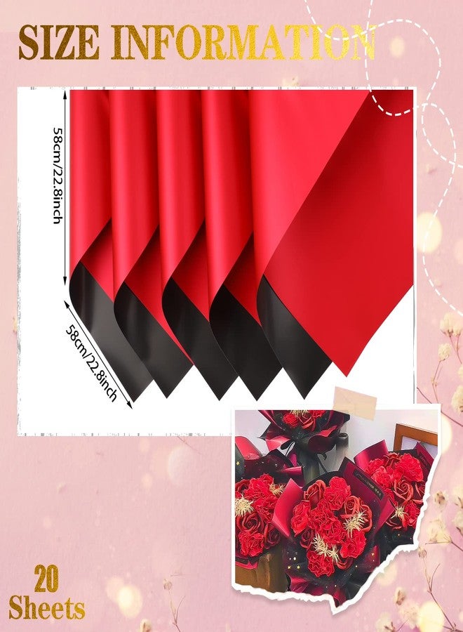 CCINEE 20 Sheets Double Sided Flower Wrapping Paper Waterproof Fresh Flower Packing Material Florist Bouquet Supplies DIY Craft Gift Packing, Red+Black - Image 2