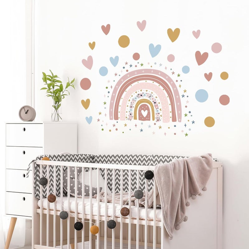 Supzone Rainbow Flower Wall Stickers  Boho Rainbow Wall Decal with Colorful Dots Hearts Stars for Girls Baby Nursery Bedroom Playroom DIY Vinyl Mural Art - Image 5