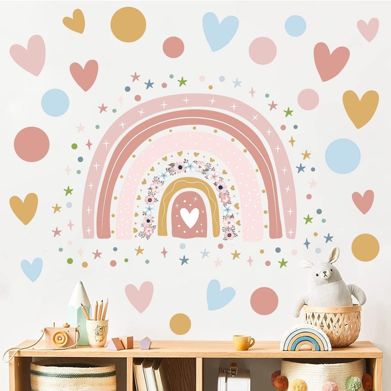 Supzone Rainbow Flower Wall Stickers  Boho Rainbow Wall Decal with Colorful Dots Hearts Stars for Girls Baby Nursery Bedroom Playroom DIY Vinyl Mural Art - Image 3