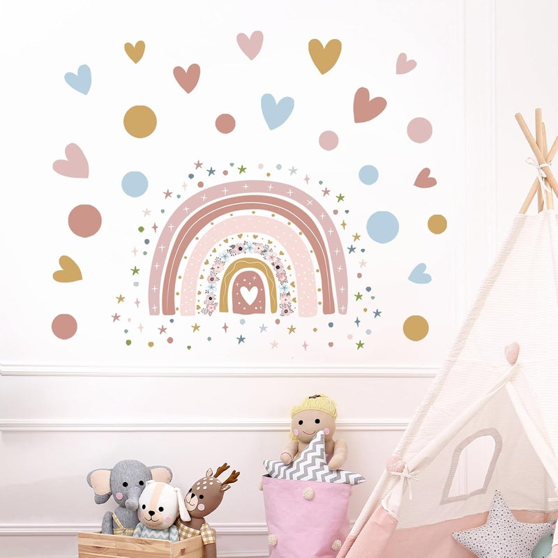 Supzone Rainbow Flower Wall Stickers  Boho Rainbow Wall Decal with Colorful Dots Hearts Stars for Girls Baby Nursery Bedroom Playroom DIY Vinyl Mural Art - Image 4