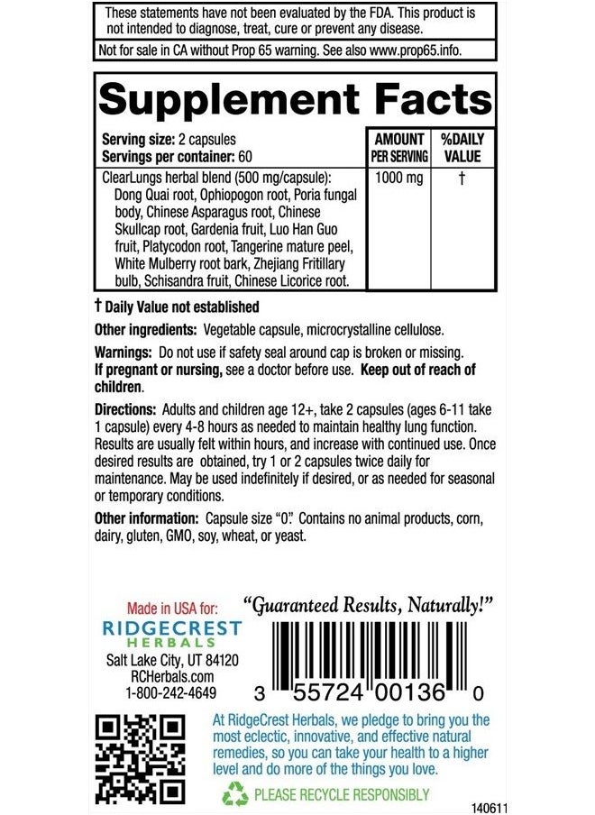Ridgecrest Herbals - Ridgecrest Herbals ClearLungs, Chinese Herbal Formula, 120 Vegan Capsules - Image 1