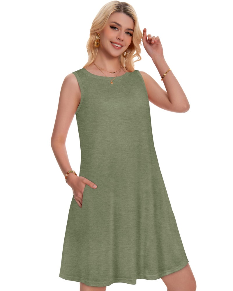 elescat Summer Dresses for Women Beach Boho Sleeveless Vintage Floral Flowy Pocket Tshirt Tank Sundresses(Lotus Leaf Green, XL) - Image 2
