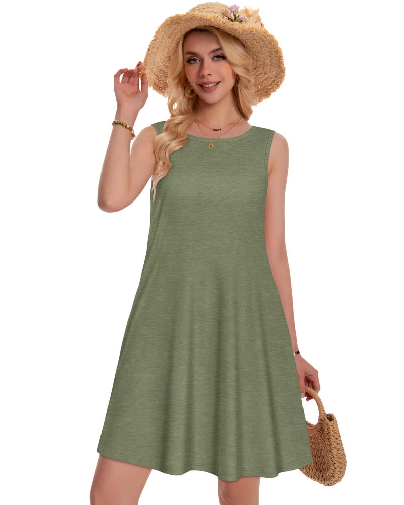 elescat Summer Dresses for Women Beach Boho Sleeveless Vintage Floral Flowy Pocket Tshirt Tank Sundresses(Lotus Leaf Green, XL) - Image 3