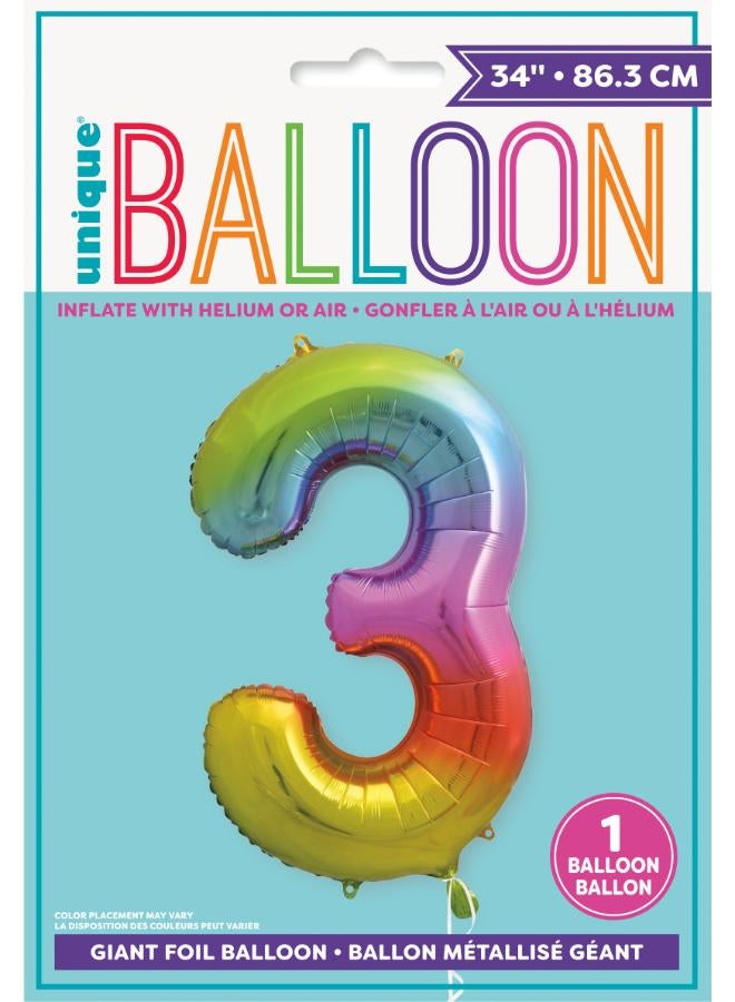Unique 34" Giant  Rainbow Number 3 Foil Balloon - Image 3