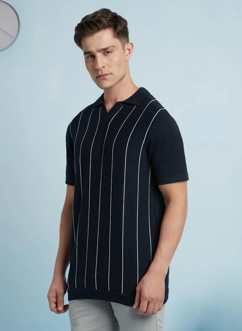 Men's Navy 100% Cotton Striped Regular Fit T-Shirt
