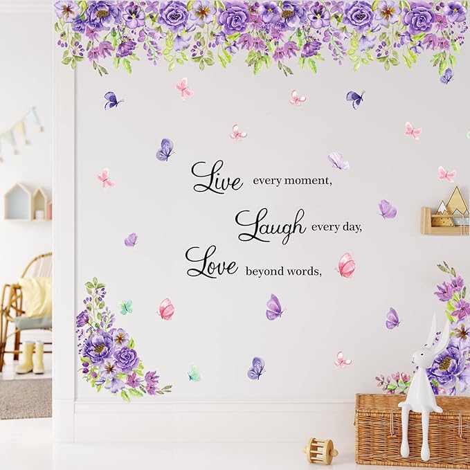 Purple Flower Wall Stickers Live Laugh Love Art Decals Flower Vine Butterfly Wall Sticker Inspirational Wall Decals Peel and Stick Garden Floral Wall Stickers for Living Room Kids Baby Bedroom Decor