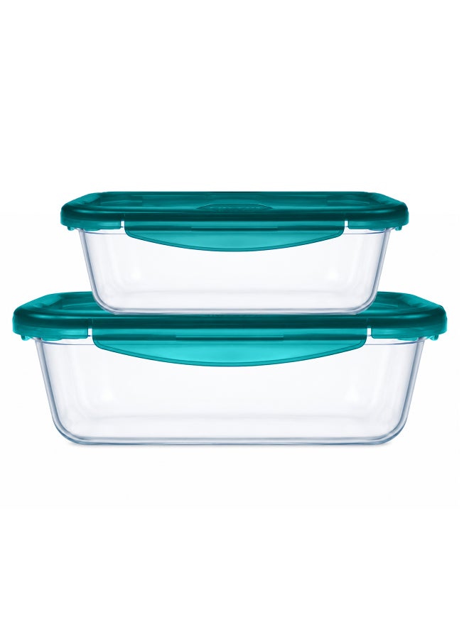 بيريكس Pyrex Cook&Go Storage Dish Set 0.8L & 1.9L Rectangular Glass Food Containers with Airtight Green Lids, Borosilicate Glass Meal Prep, Freezer to Oven Safe, Stackable Storage Set - Image 1