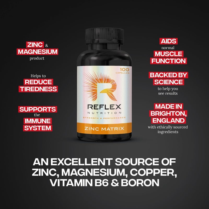 Reflex Nutrition Zinc Matrix Magnesium Zinc Vitamin B6 Boron Copper Supplement Fatigue and Tiredness Supplements Normal Muscle Function Support Metabolism and Immune System 100 Capsules - Image 2