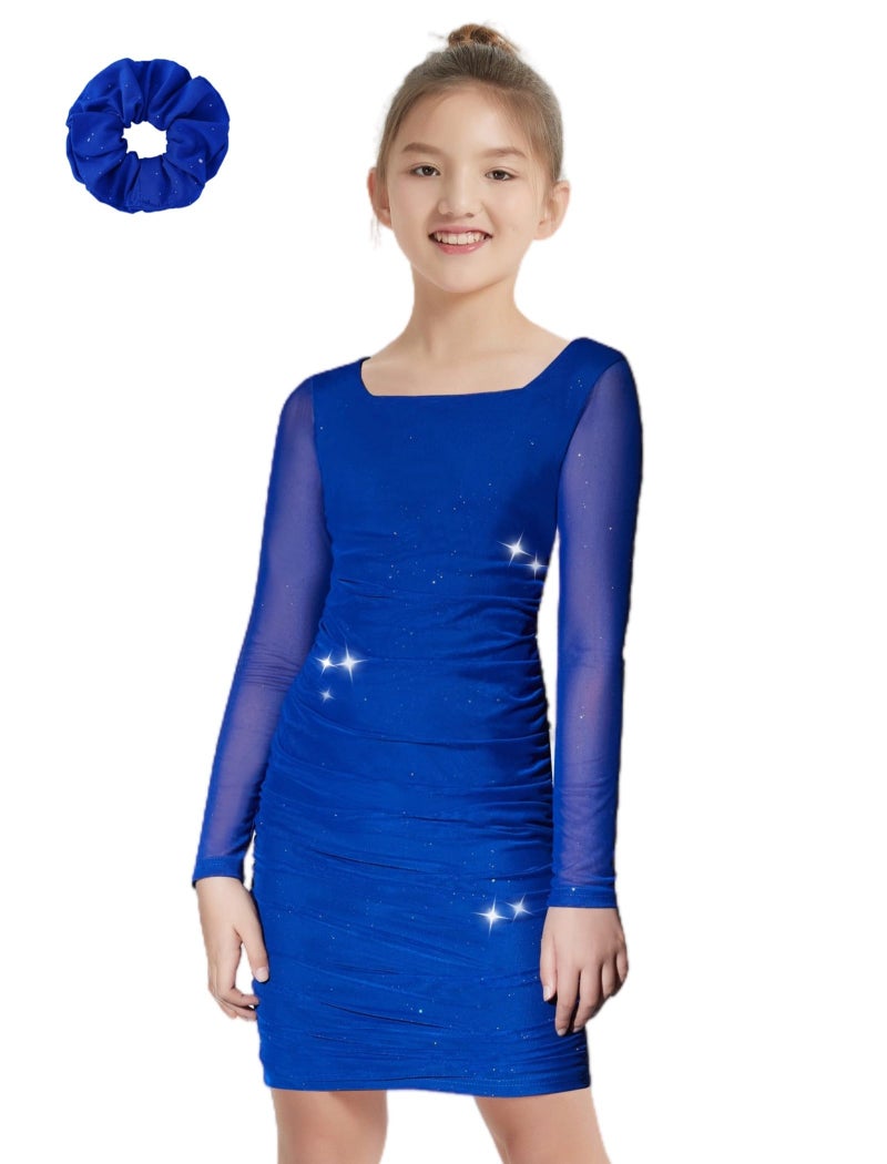 EXARUS Girls Formal Long Sleeve/Spaghetti Strap Dress Teen Party Dance Tween Bodycon Ruched Prom Fitted Cute Dresses, Long Sleeve Blue Sparkly Flake, 14 Years - Image 1